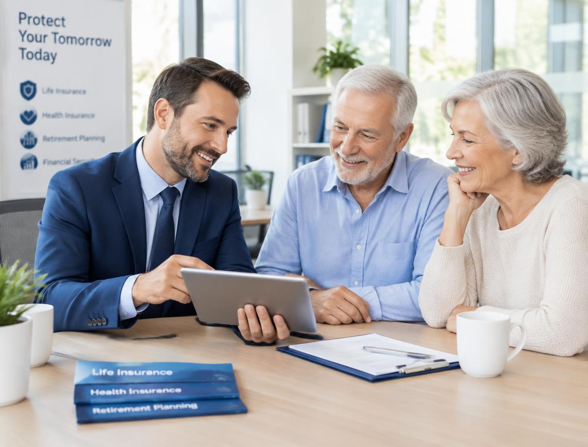 Insurance advisor reviewing coverage options with a senior couple